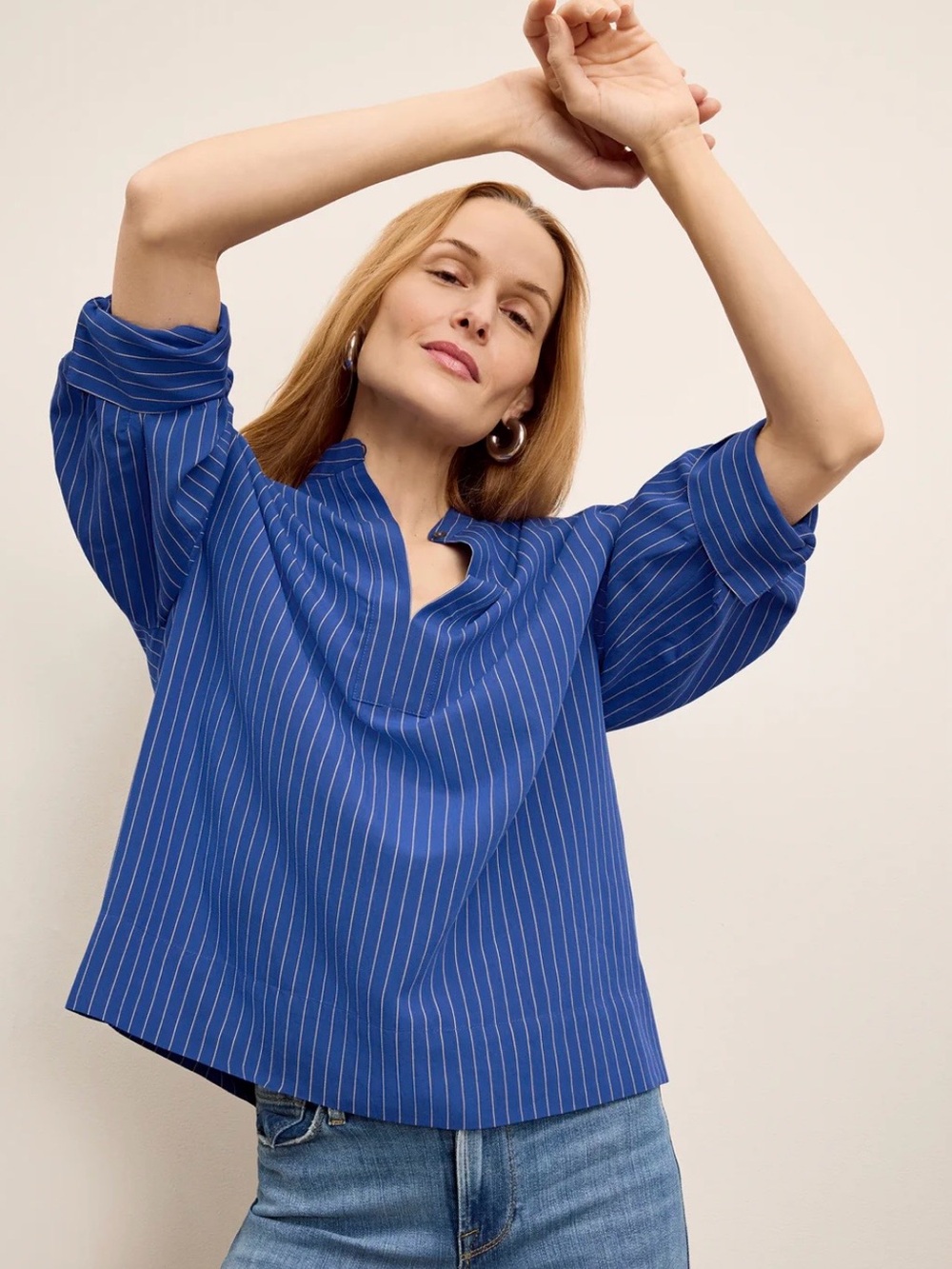 M.M. LaFleur Kylan Vacation Top Soft Stripe River/Ivory Blue Blouse Size M